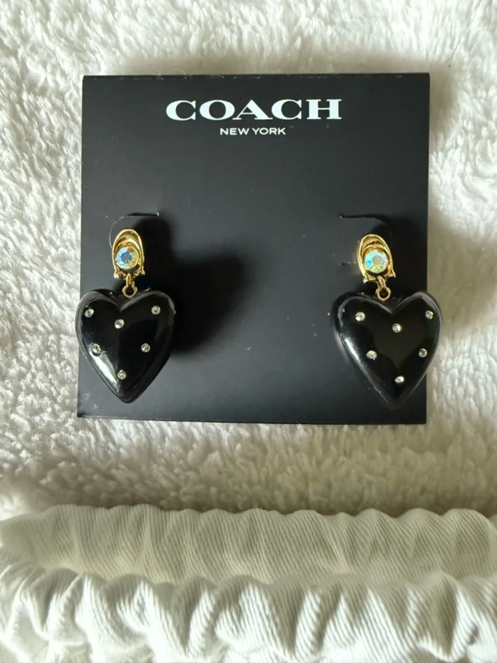 Coach Black Heart Drop Earrings with Gold Studs and ring - Picture 3 of 5